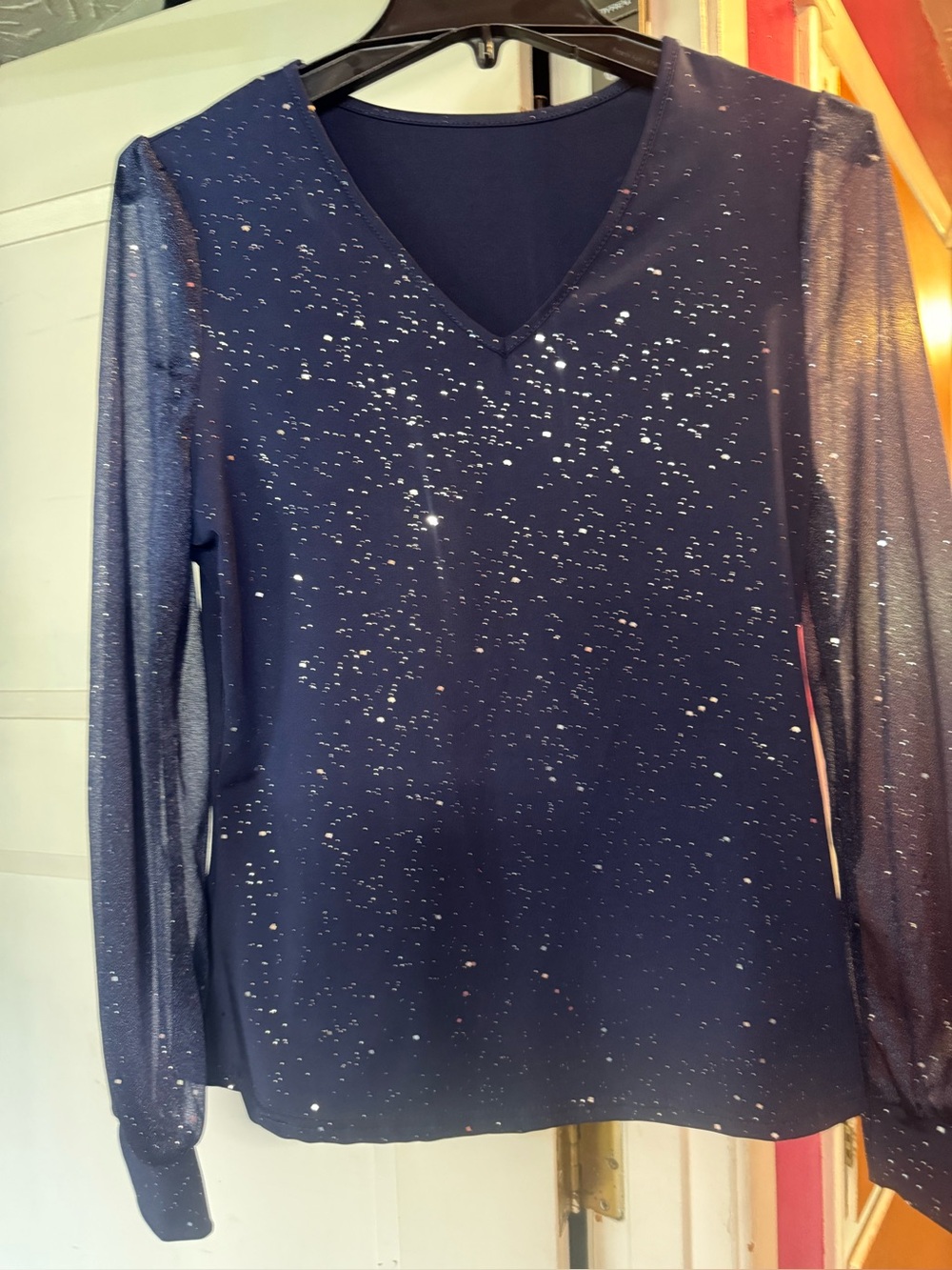 Sparkle Navy V-Neck Mesh Sleeve Top. Never worn